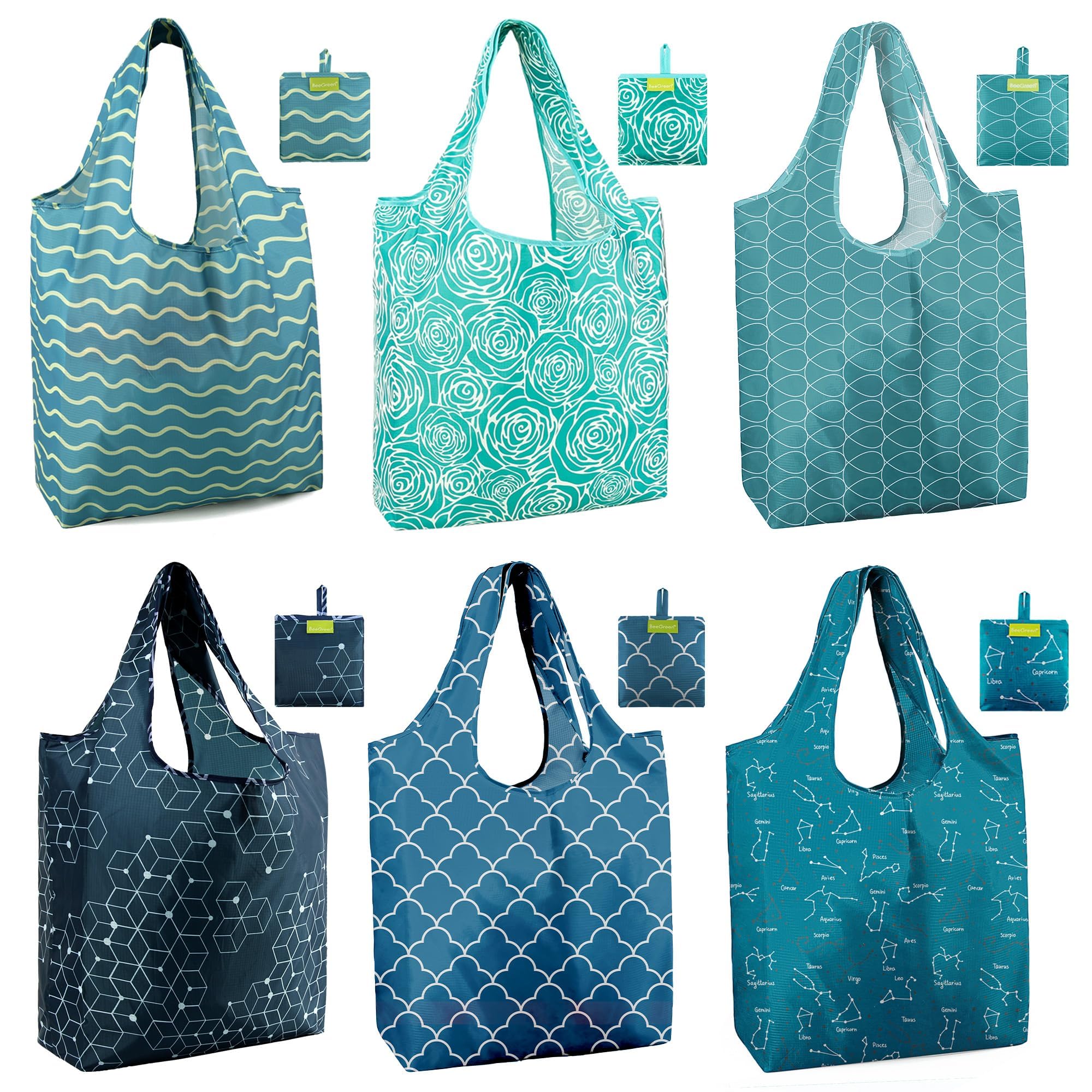 BeeGreen Christmas Reusable Gift Bags,6 Pack Large Holiday Tote Foldable Cloth Bag for Women, Cute Grocery Storage for Xmas Gifts Market Shopping, Washable Collapsible Reusable Bags with Handles